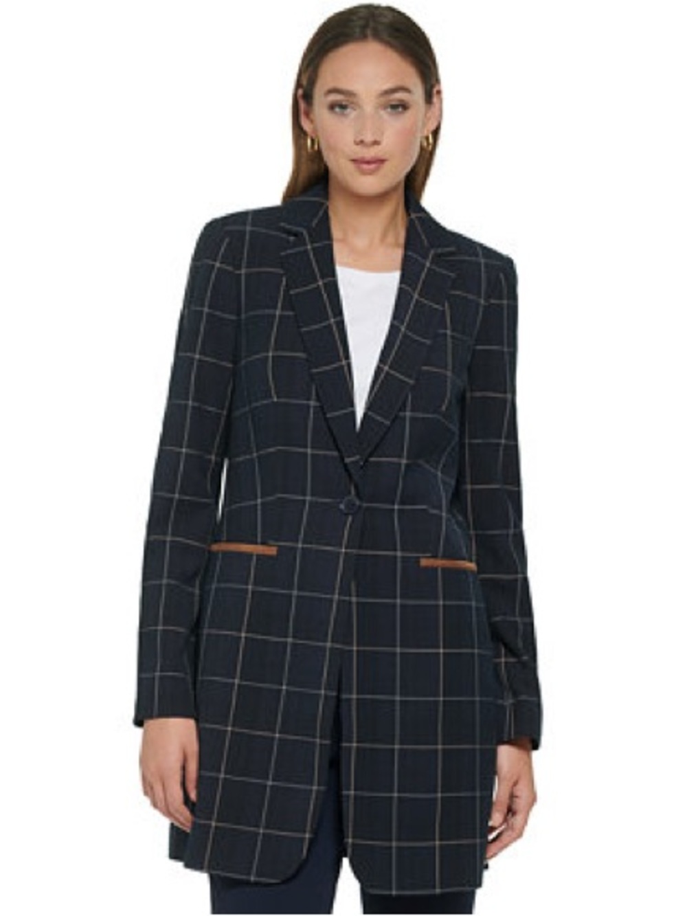 Tommy Hilfiger Navy Windowpane Longline Blazer with Tan Trim